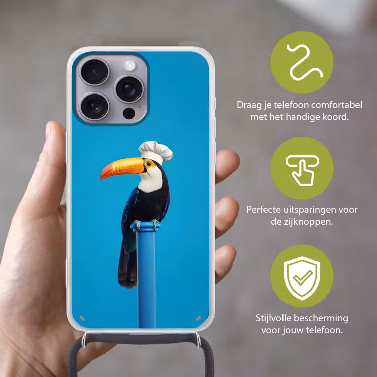 Tucan - Sokkel - Vogel - Koksmuts Hoesje iPhone 16 Pro Max met koord klein -sfeer2_NL