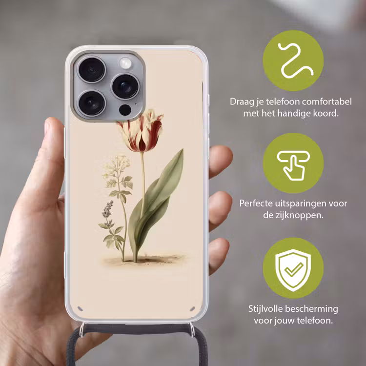 Tulp - Minimalistisch - Beige Hoesje iPhone 16 Pro Max met koord klein -sfeer2_NL