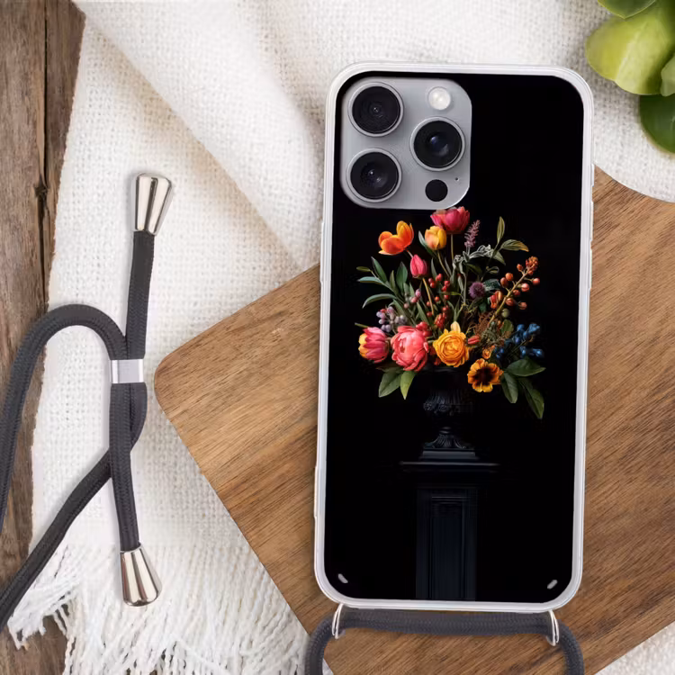 Tulpen - Bessen - Boeket - Vaas Hoesje iPhone 16 Pro Max met koord klein -sfeer4