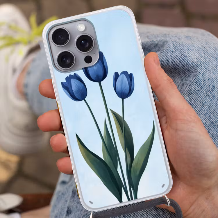 Tulpen - Blauw - Bladeren Hoesje iPhone 16 Pro Max met koord klein -sfeer3