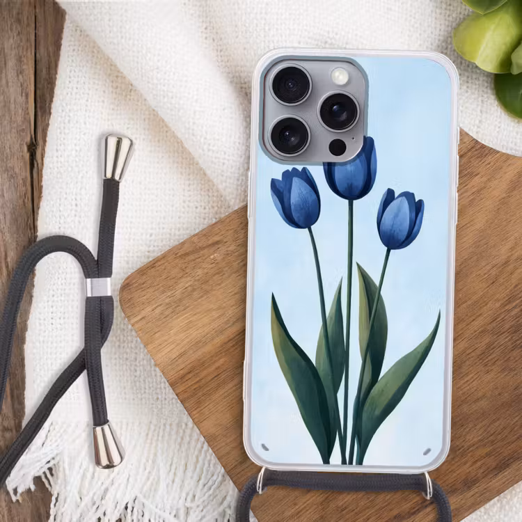 Tulpen - Blauw - Bladeren Hoesje iPhone 16 Pro Max met koord klein -sfeer4
