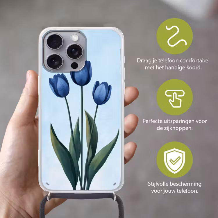 Tulpen - Blauw - Bladeren Hoesje iPhone 16 Pro Max met koord klein -sfeer2_NL