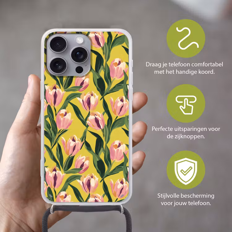 Tulpen - Botanisch - Geel Hoesje iPhone 16 Pro Max met koord klein 804 -sfeer2_NL