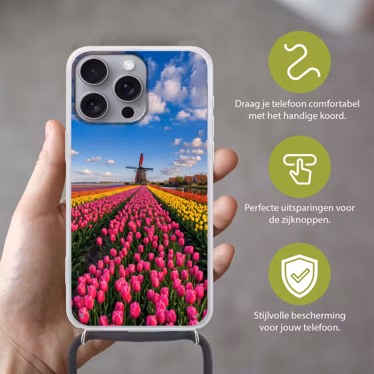 Tulpen - Holland - Molen - Kleurrijk Hoesje iPhone 16 Pro Max met koord klein -sfeer2_NL