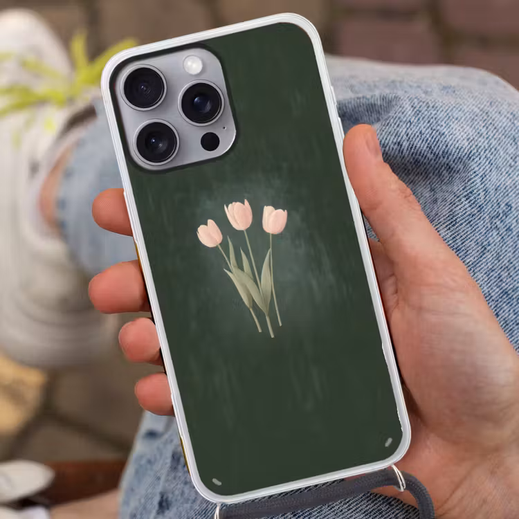 Tulpen - Liefde - Donkergroen Hoesje iPhone 16 Pro Max met koord klein -sfeer3