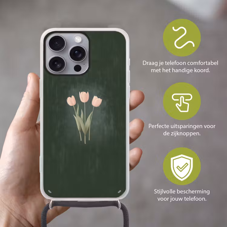 Tulpen - Liefde - Donkergroen Hoesje iPhone 16 Pro Max met koord klein -sfeer2_NL