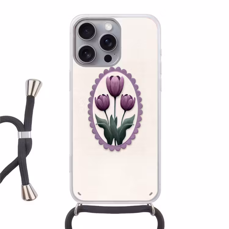 Tulpen - Paars - Lijst - Bladeren Hoesje iPhone 16 Pro Max met koord klein -3d