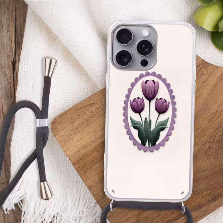 Tulpen - Paars - Lijst - Bladeren Hoesje iPhone 16 Pro Max met koord klein -sfeer4