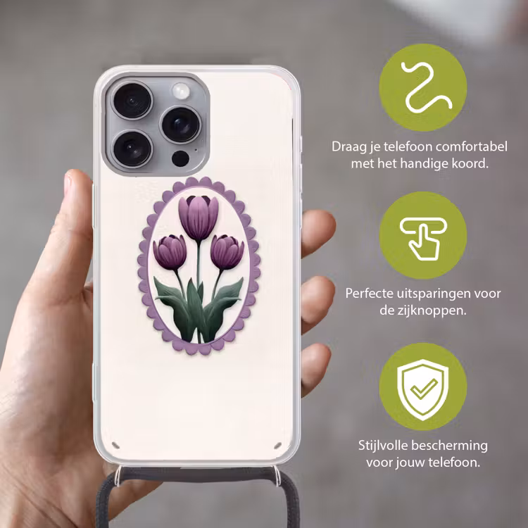 Tulpen - Paars - Lijst - Bladeren Hoesje iPhone 16 Pro Max met koord klein -sfeer2_NL