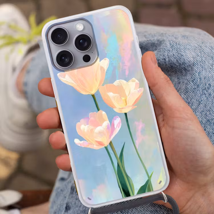 Tulpen - Roze accenten - Blauw Hoesje iPhone 16 Pro Max met koord klein -sfeer3
