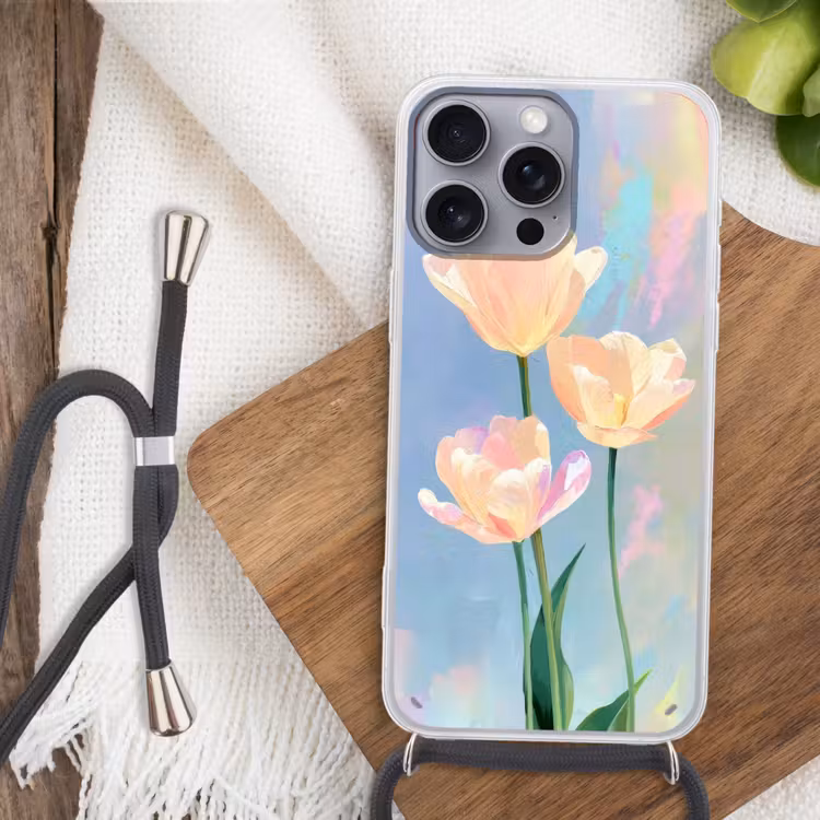 Tulpen - Roze accenten - Blauw Hoesje iPhone 16 Pro Max met koord klein -sfeer4