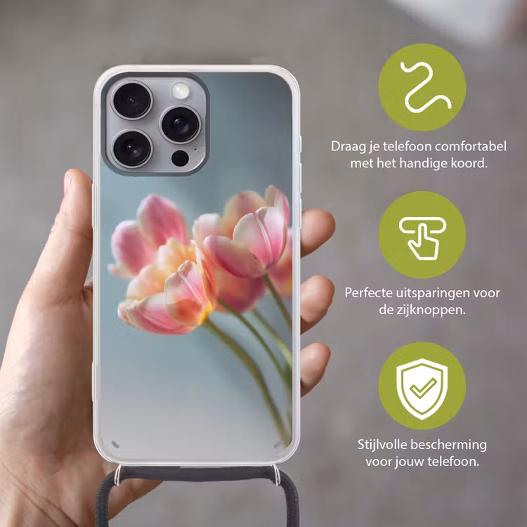 Tulpen - Roze - Stelen Hoesje iPhone 16 Pro Max met koord klein -sfeer2_NL