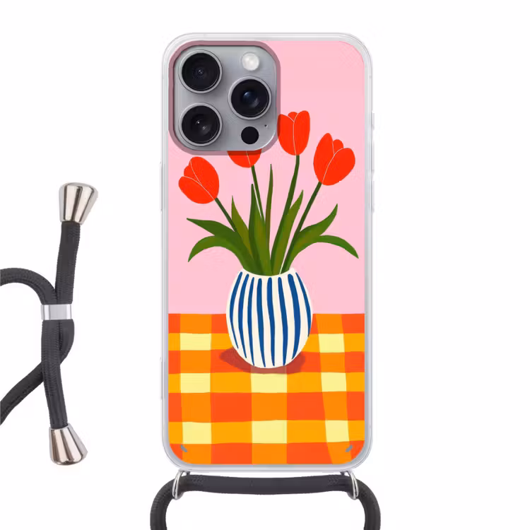 Tulpen - Roze - Vaas Hoesje iPhone 16 Pro Max met koord klein -3d