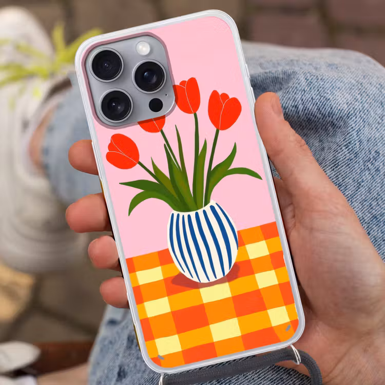 Tulpen - Roze - Vaas Hoesje iPhone 16 Pro Max met koord klein -sfeer3