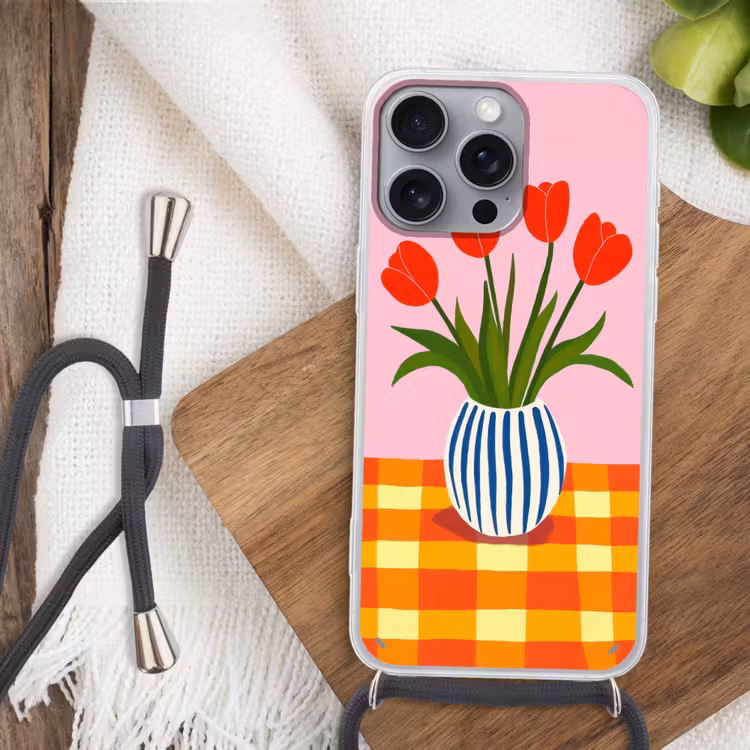 Tulpen - Roze - Vaas Hoesje iPhone 16 Pro Max met koord klein -sfeer4