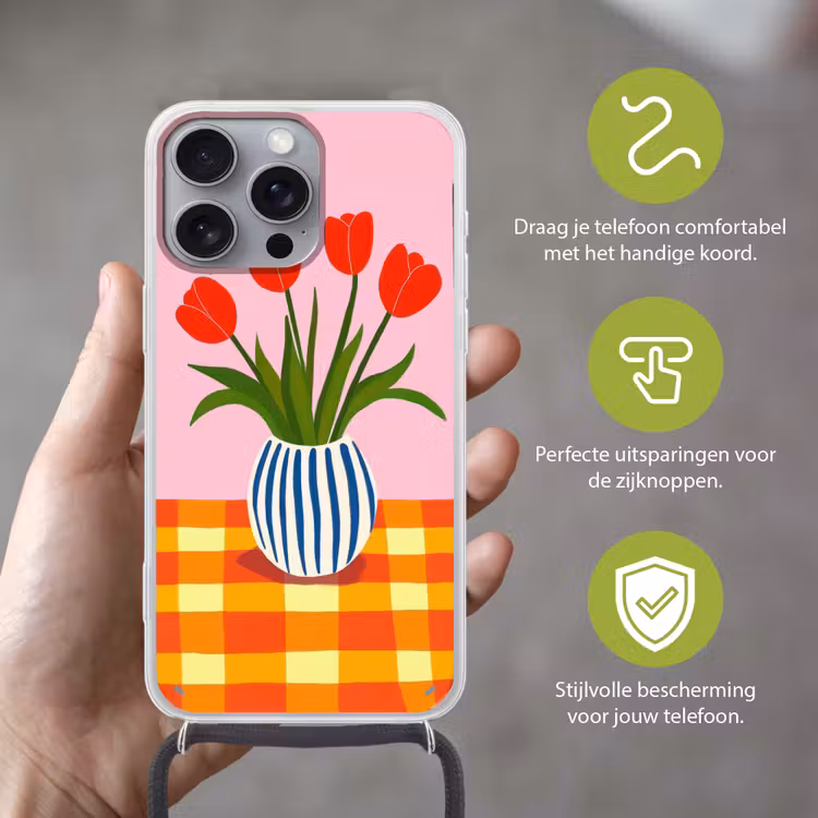 Tulpen - Roze - Vaas Hoesje iPhone 16 Pro Max met koord klein -sfeer2_NL