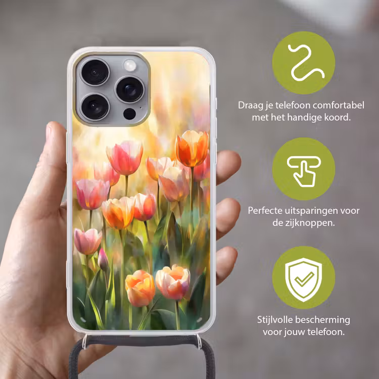 Tulpen - Sprookjesachtig - Kleurrijk Hoesje iPhone 16 Pro Max met koord klein -sfeer2_NL