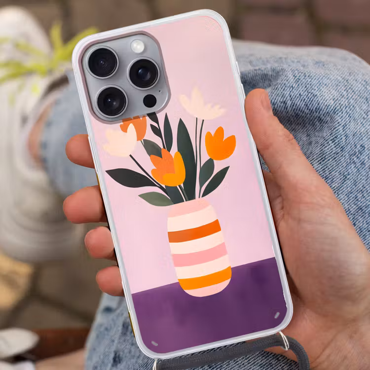 Tulpen - Vaas - Strepen - Paars Hoesje iPhone 16 Pro Max met koord klein -sfeer3