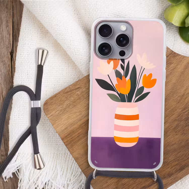 Tulpen - Vaas - Strepen - Paars Hoesje iPhone 16 Pro Max met koord klein -sfeer4