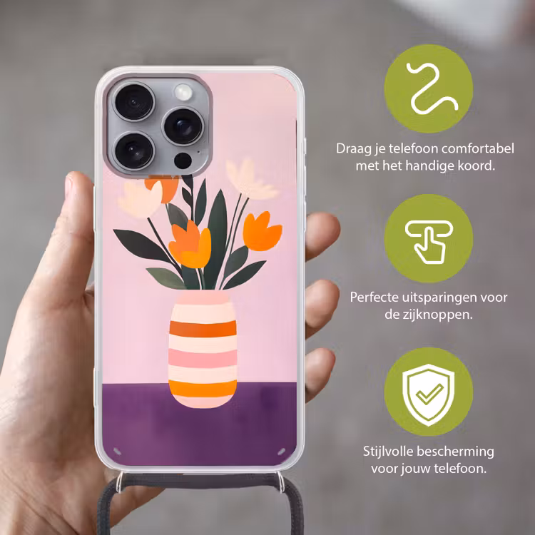 Tulpen - Vaas - Strepen - Paars Hoesje iPhone 16 Pro Max met koord klein -sfeer2_NL
