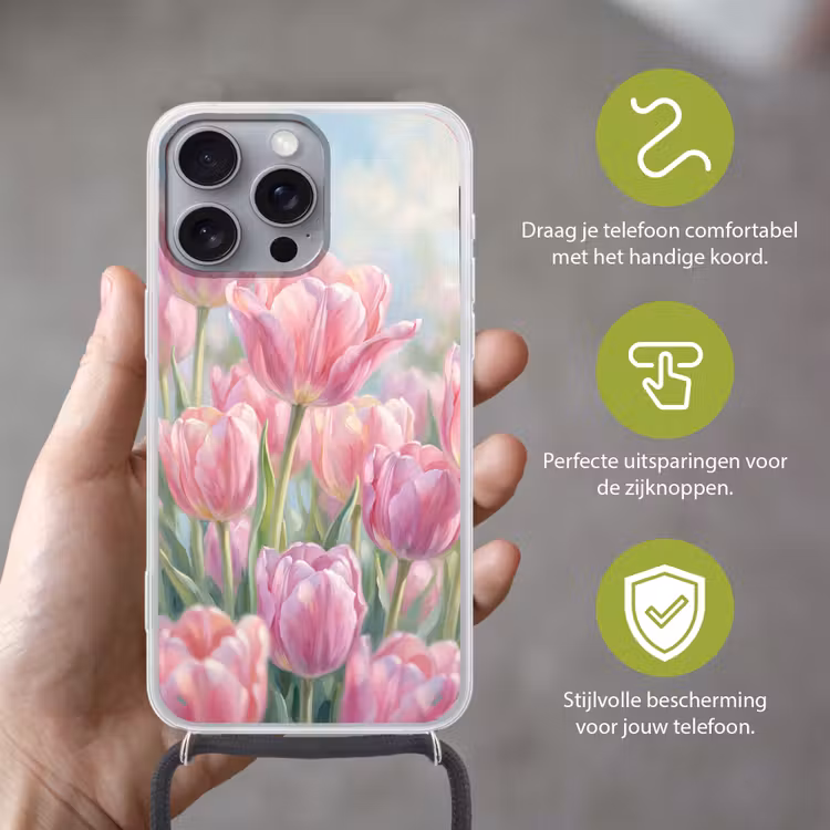 Tulpen - Veld - Lente - Roze Hoesje iPhone 16 Pro Max met koord klein -sfeer2_NL