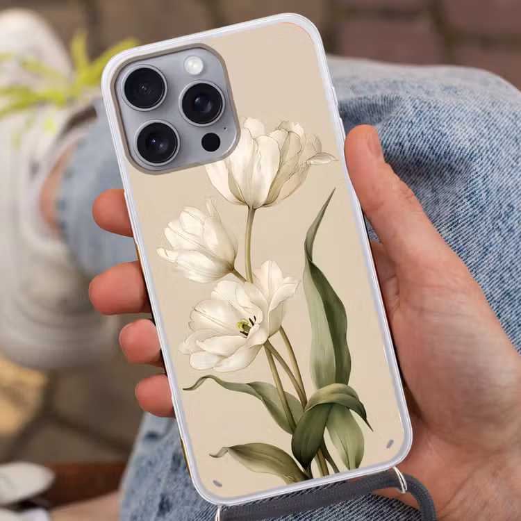 Tulpen - Wit - Bladeren Hoesje iPhone 16 Pro Max met koord klein -sfeer3