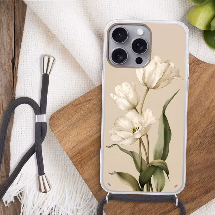 Tulpen - Wit - Bladeren Hoesje iPhone 16 Pro Max met koord klein -sfeer4