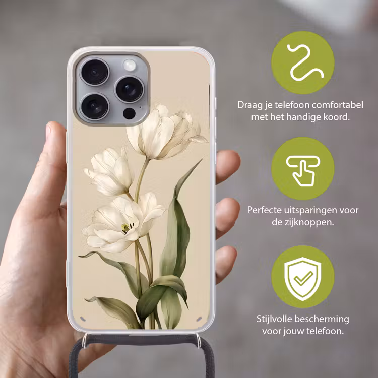 Tulpen - Wit - Bladeren Hoesje iPhone 16 Pro Max met koord klein -sfeer2_NL
