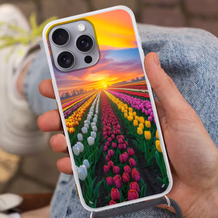 Tulpenveld - Zonsondergang - Kleurrijk Hoesje iPhone 16 Pro Max met koord klein -sfeer3