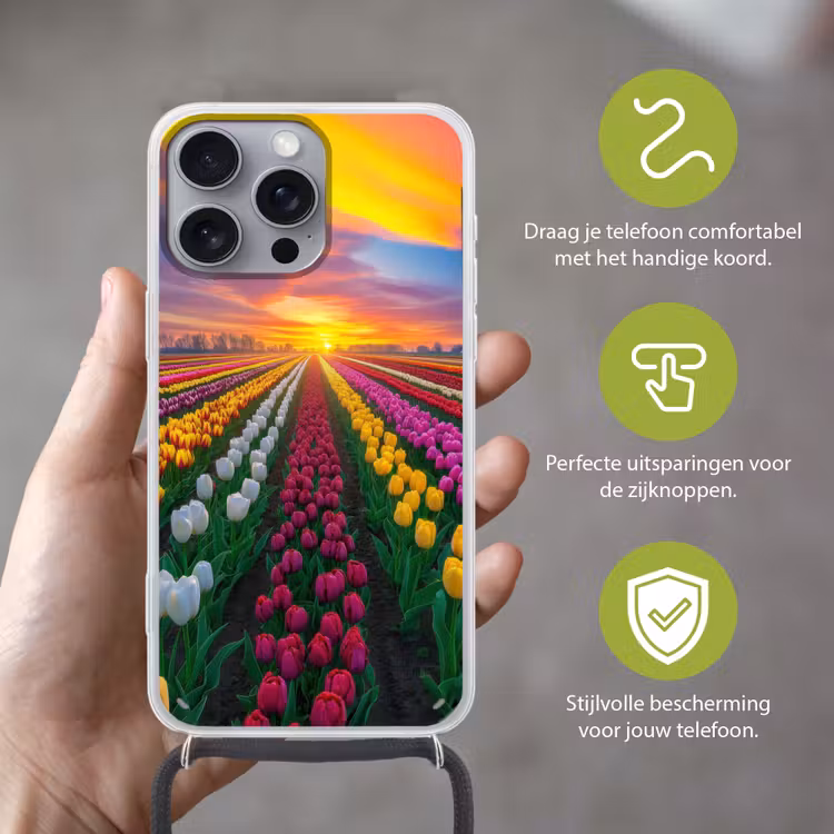 Tulpenveld - Zonsondergang - Kleurrijk Hoesje iPhone 16 Pro Max met koord klein -sfeer2_NL