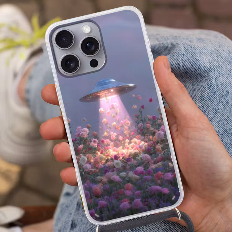 Ufo - Rozen - Pastelkleuren Hoesje iPhone 16 Pro Max met koord klein -sfeer3