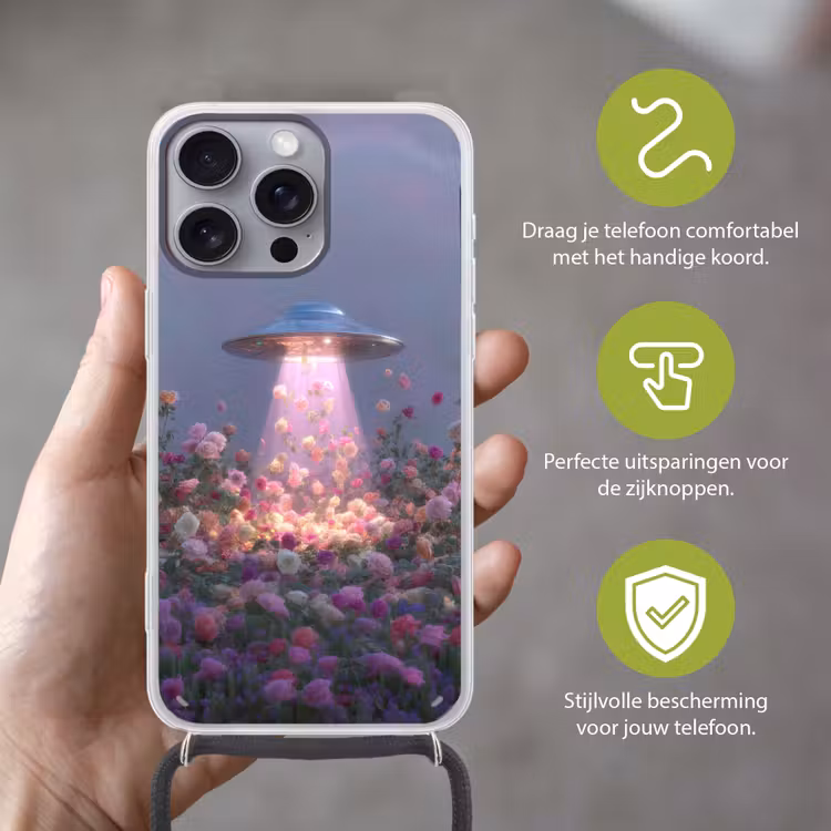 Ufo - Rozen - Pastelkleuren Hoesje iPhone 16 Pro Max met koord klein -sfeer2_NL