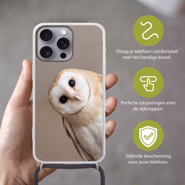 Uil - Bruin - Wit Hoesje iPhone 16 Pro Max met koord klein -sfeer2_NL