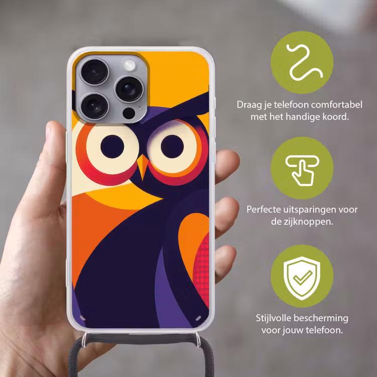 Uil - Grafisch - Kleurrijk - Ogen Hoesje iPhone 16 Pro Max met koord klein -sfeer2_NL