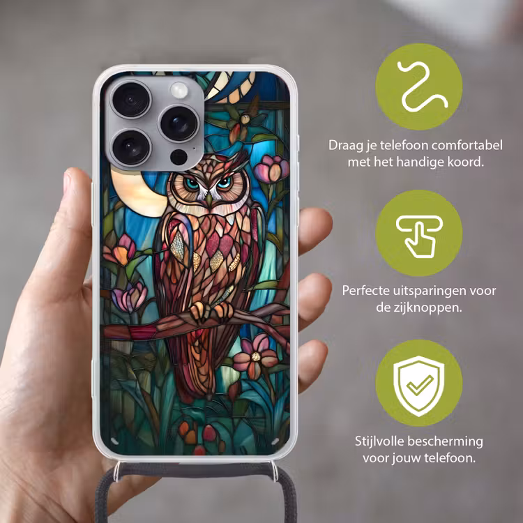 Uil - Mozaïek - Maan - Nacht Hoesje iPhone 16 Pro Max met koord klein -sfeer2_NL