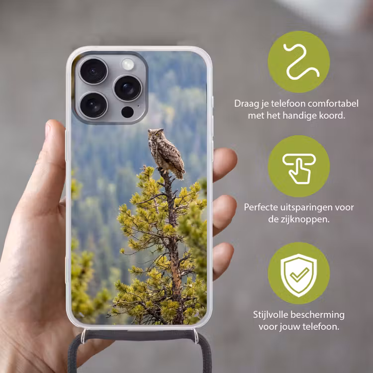 Uil - Oehoe - Bomen - Natuur Hoesje iPhone 16 Pro Max met koord klein -sfeer2_NL
