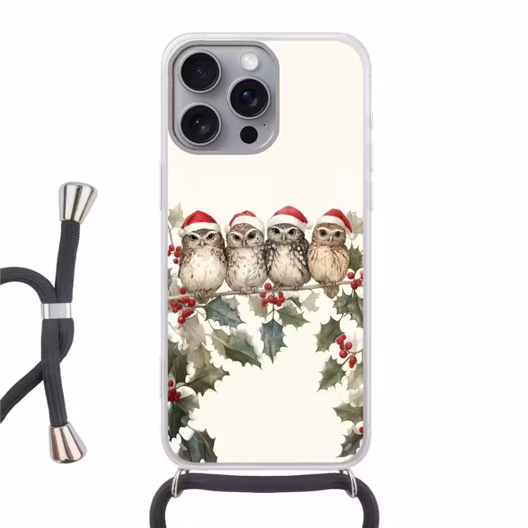 Uilen - Tak - Hulstblaadjes - Kerstmuts Hoesje iPhone 16 Pro Max met koord klein -3d