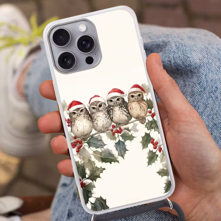 Uilen - Tak - Hulstblaadjes - Kerstmuts Hoesje iPhone 16 Pro Max met koord klein -sfeer3