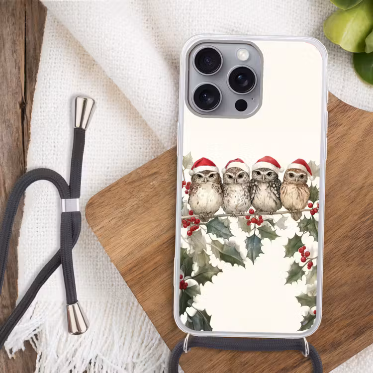 Uilen - Tak - Hulstblaadjes - Kerstmuts Hoesje iPhone 16 Pro Max met koord klein -sfeer4