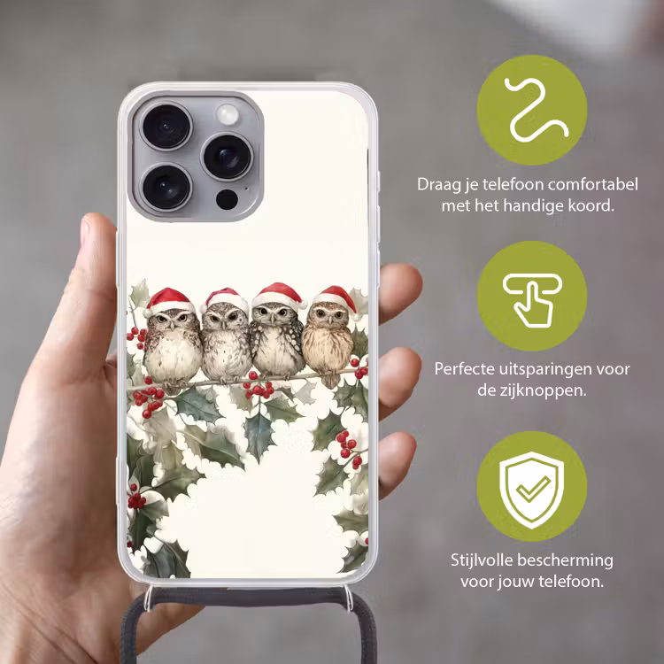 Uilen - Tak - Hulstblaadjes - Kerstmuts Hoesje iPhone 16 Pro Max met koord klein -sfeer2_NL