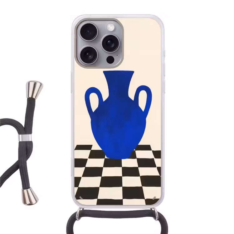 Vaas - Blauw - Geblokt - Modern Hoesje iPhone 16 Pro Max met koord klein -3d
