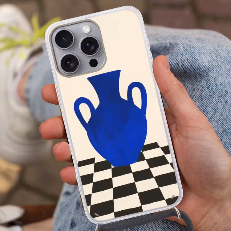 Vaas - Blauw - Geblokt - Modern Hoesje iPhone 16 Pro Max met koord klein -sfeer3
