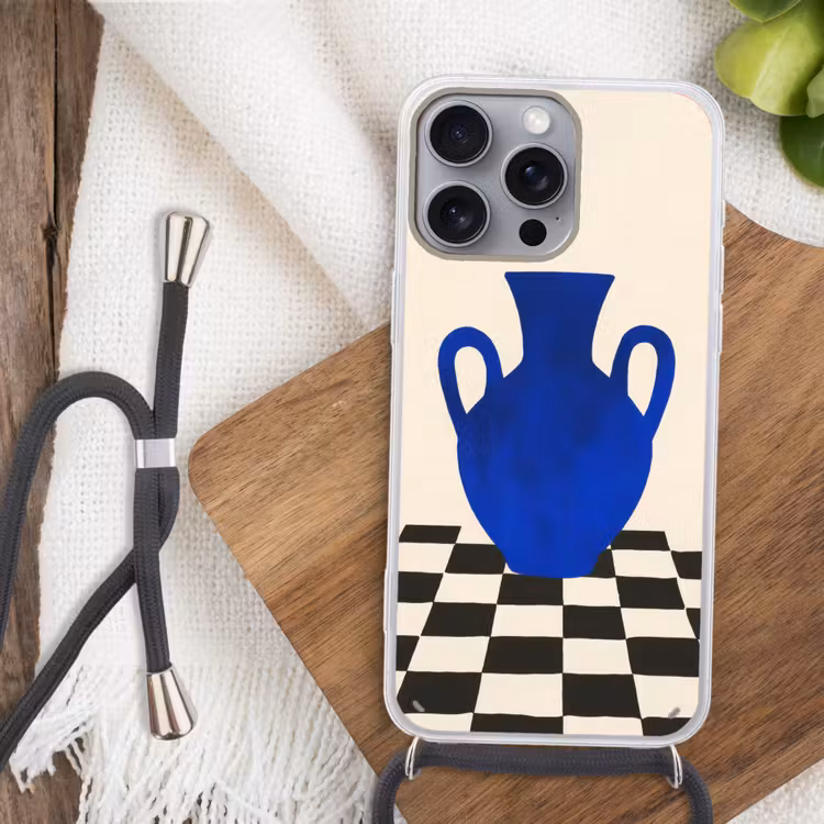 Vaas - Blauw - Geblokt - Modern Hoesje iPhone 16 Pro Max met koord klein -sfeer4