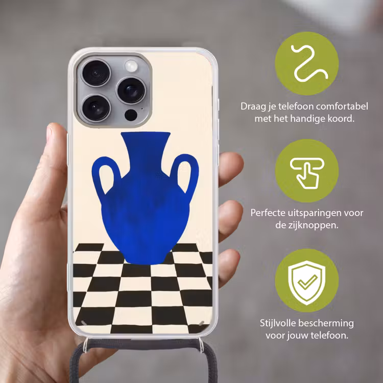 Vaas - Blauw - Geblokt - Modern Hoesje iPhone 16 Pro Max met koord klein -sfeer2_NL