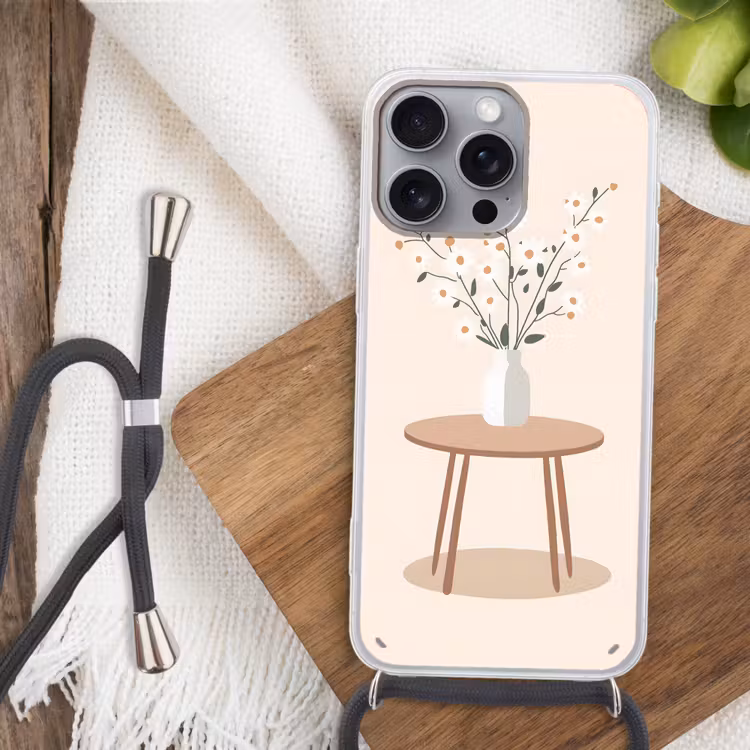 Vaas - Bloemen - Madeliefjes - Beige Hoesje iPhone 16 Pro Max met koord klein -sfeer4
