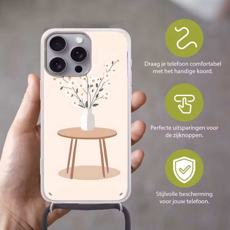 Vaas - Bloemen - Madeliefjes - Beige Hoesje iPhone 16 Pro Max met koord klein -sfeer2_NL