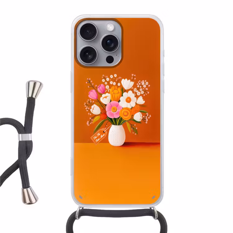 Vaas - Bloemen - Oranje Hoesje iPhone 16 Pro Max met koord klein -3d