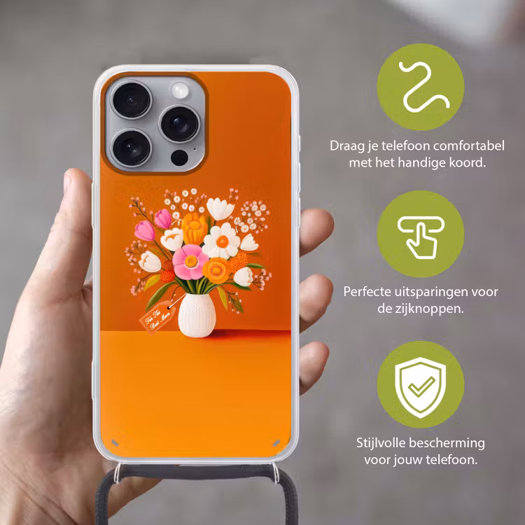 Vaas - Bloemen - Oranje Hoesje iPhone 16 Pro Max met koord klein -sfeer2_NL