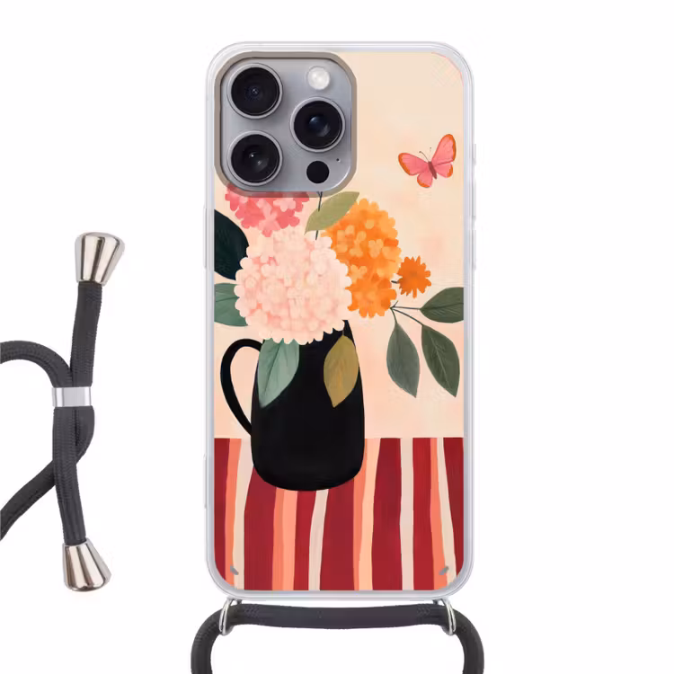 Vaas - Bloemen - Vlinder - Rood Hoesje iPhone 16 Pro Max met koord klein -3d