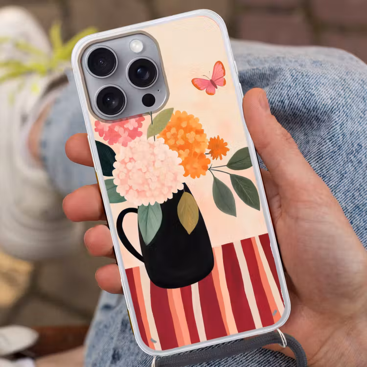 Vaas - Bloemen - Vlinder - Rood Hoesje iPhone 16 Pro Max met koord klein -sfeer3